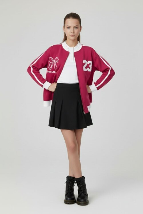 Fuşya Beautifull Yazılı Kolu Şeritli Kız Çocuk Kolej Hırka 21194