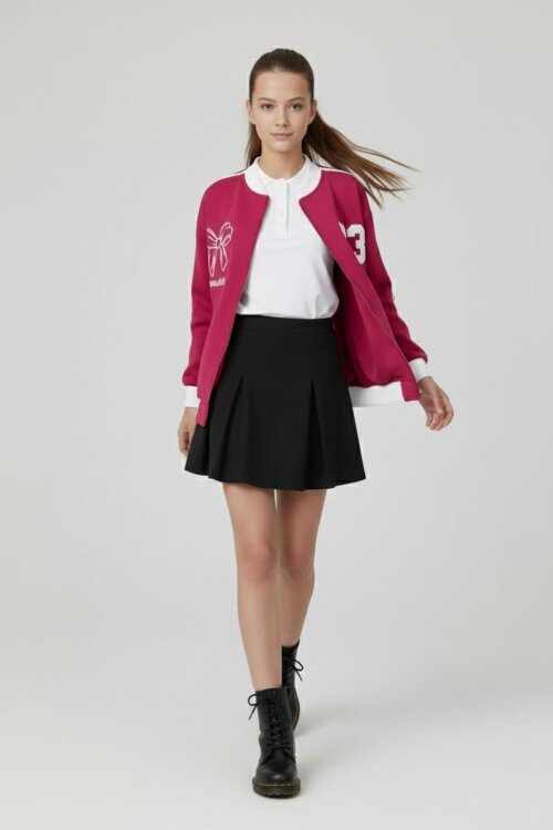Fuşya Beautifull Yazılı Kolu Şeritli Kız Çocuk Kolej Hırka 21194