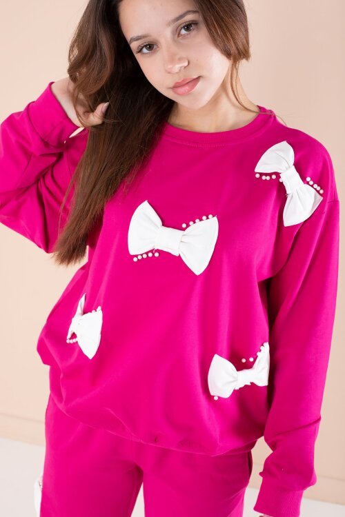 Fuşya Fiyonklu İnci Detaylı Kız Çocuk Bisiklet Yaka 2li Eşofman Takımı 21204