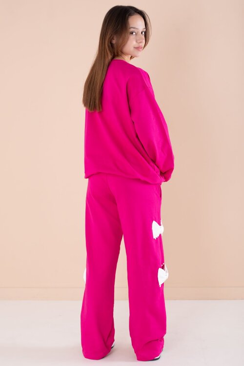 Fuşya Fiyonklu İnci Detaylı Kız Çocuk Bisiklet Yaka 2li Eşofman Takımı 21204