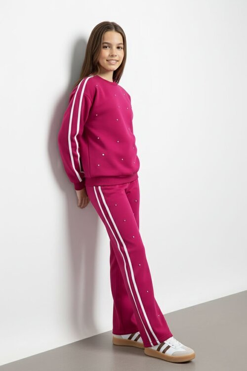 Fuşya İnci İşlemeli Bisiklet Yaka Kız Çocuk Şeritli Eşofman Takımı 21292