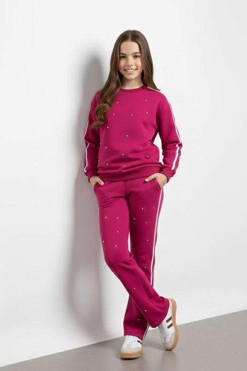 Fuşya İnci İşlemeli Bisiklet Yaka Kız Çocuk Şeritli Eşofman Takımı 21292