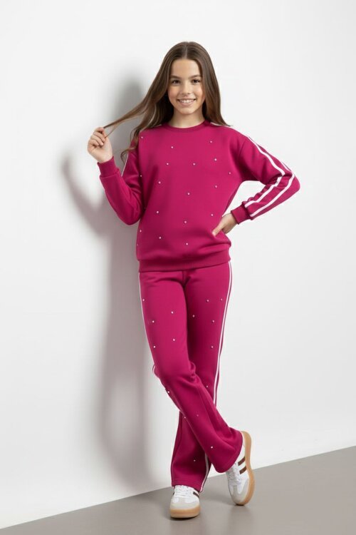 Fuşya İnci İşlemeli Bisiklet Yaka Kız Çocuk Şeritli Eşofman Takımı 21292