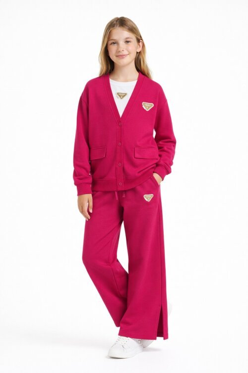 Fuşya Logo Detaylı Düğmeli Hırkalı kız Çocuk Yırtmaçlı 3lü Atl-Üst Takım 21378