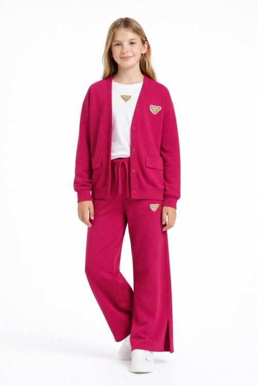 Fuşya Logo Detaylı Düğmeli Hırkalı kız Çocuk Yırtmaçlı 3lü Atl-Üst Takım 21378