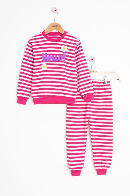 Fuşya Papatya Nakışlı Çizgili Kız Çocuk Takım 23354
