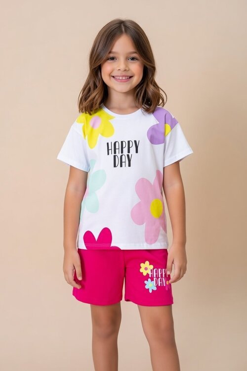 Fuşya Renkli Çiçek Baskılı Tişörtlü ve Şortlu Kız Çocuk 2li Takım 21065