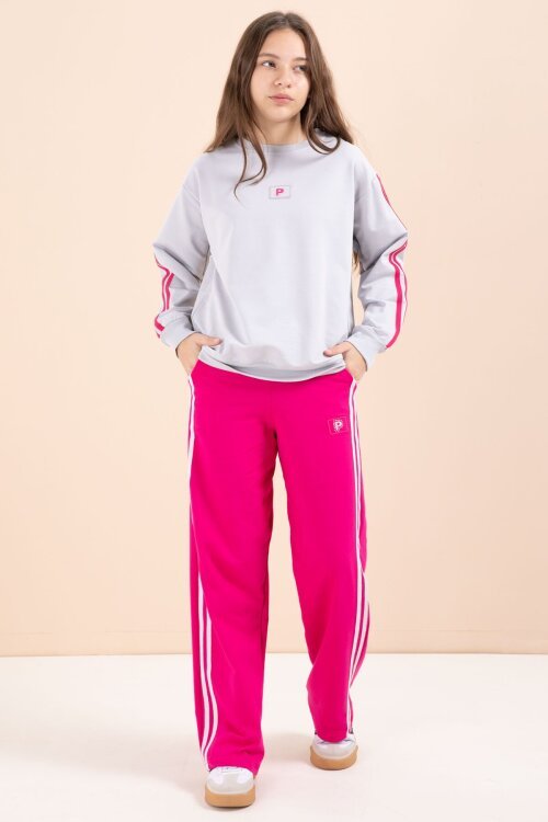 Fuşya Şerit Detaylı Geniş Paça Nakışlı Kız Oversize Eşofman Takımı 23457