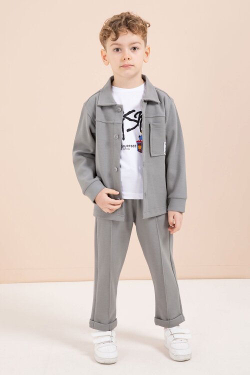 Gri Arma Detaylı Gömlekli Duble Paça Pantolonlu Erkek Çocuk 3lü Takım 23621