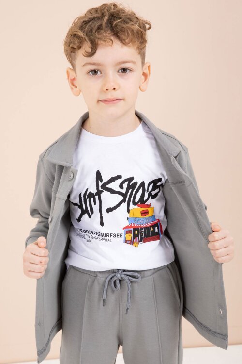 Gri Arma Detaylı Gömlekli Duble Paça Pantolonlu Erkek Çocuk 3lü Takım 23621