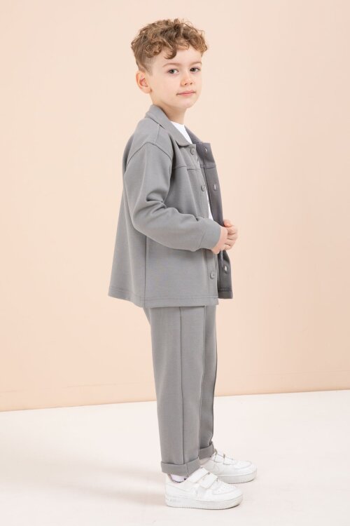 Gri Arma Detaylı Gömlekli Duble Paça Pantolonlu Erkek Çocuk 3lü Takım 23621
