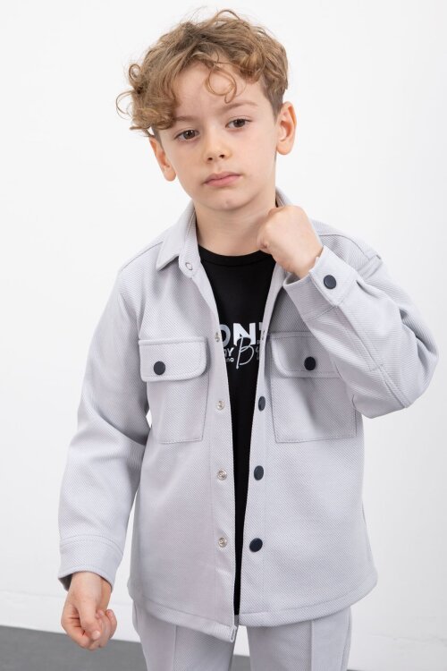 Gri Çıtçıtlı Gömlekli Erkek Çocuk 3lü Tişörtlü Takım  23381