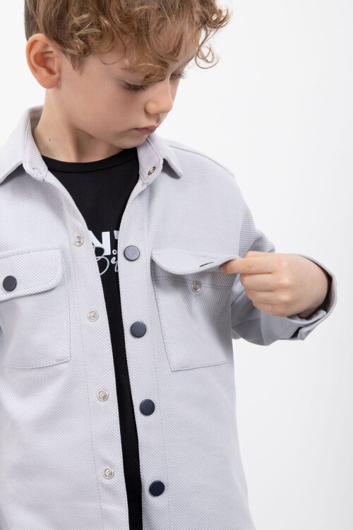 Gri Çıtçıtlı Gömlekli Erkek Çocuk 3lü Tişörtlü Takım  23381