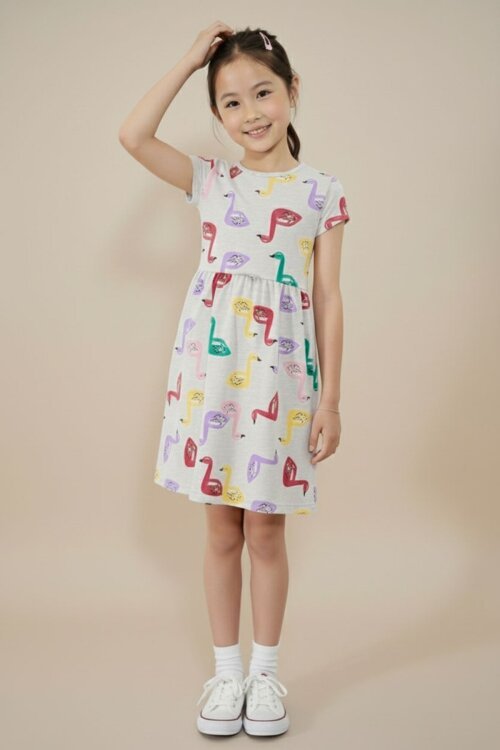 Gri Kuğu Baskılı Kısa Kollu Kız Çocuk Yazlık Elbise
