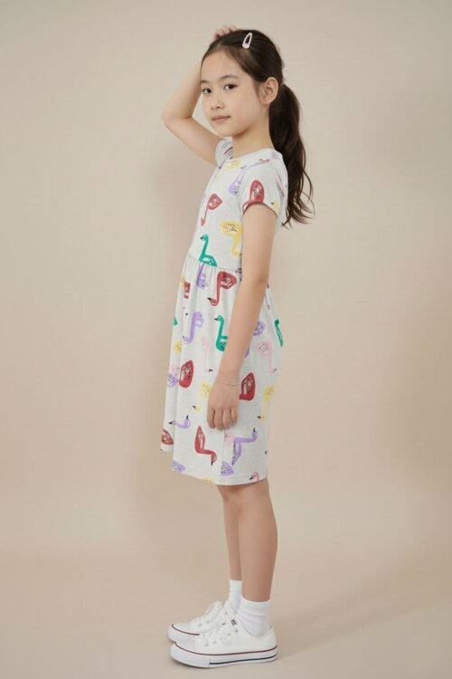 Gri Kuğu Baskılı Kısa Kollu Kız Çocuk Yazlık Elbise