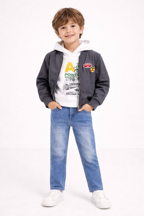 Gri Nakışlı Ceketli Jean Pantolonlu Erkek Çocuk Kapşonlu 3lü Takım 23524