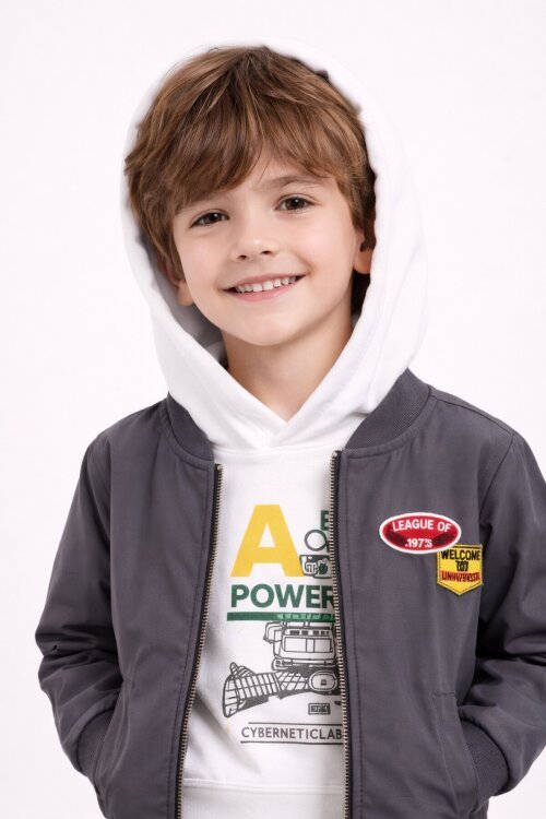 Gri Nakışlı Ceketli Jean Pantolonlu Erkek Çocuk Kapşonlu 3lü Takım 23524