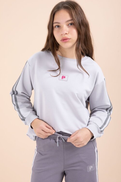 Gri Şerit Detaylı Geniş Paça Nakışlı Kız Oversize Eşofman Takımı 23453