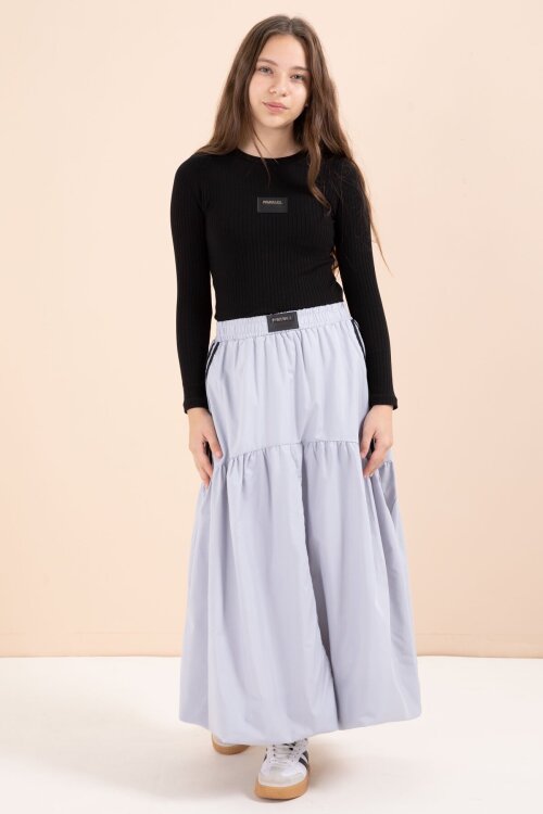 Gri Şeritli Balon Etekli Uzun Kol Badili 2li Kız Çocuk Takım 23465