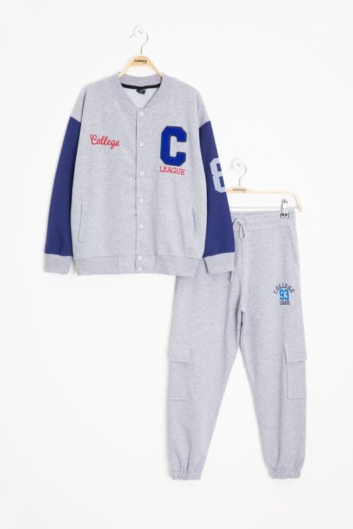 Gri Yazı Nakışlı Kolej Ceketli Erkek Çocuk Eşofman Takımı 21223