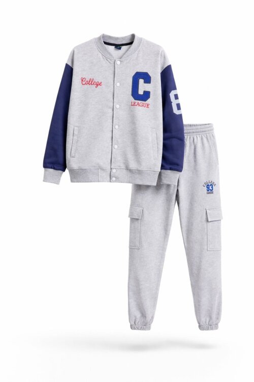 Gri Yazı Nakışlı Kolej Ceketli Erkek Çocuk Eşofman Takımı 21223