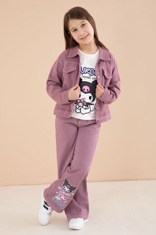 Gül Kurusu Cep Detaylı Ceketli Baskılı Tişörtlü Kız Çocuk 3lü Pantolonlu Takım 23591