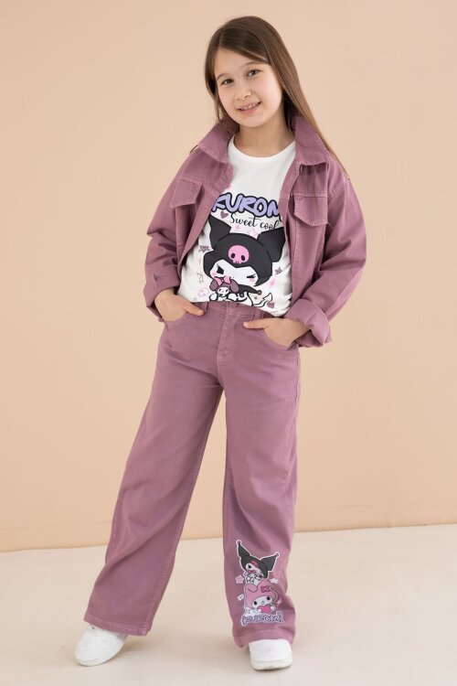 Gül Kurusu Cep Detaylı Ceketli Baskılı Tişörtlü Kız Çocuk 3lü Pantolonlu Takım 23591