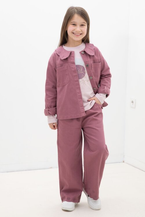 Gül Kurusu Çiçek Yaka Detaylı Ceketli Kız Çocuk Pantolonlu 3lü Takım 23633
