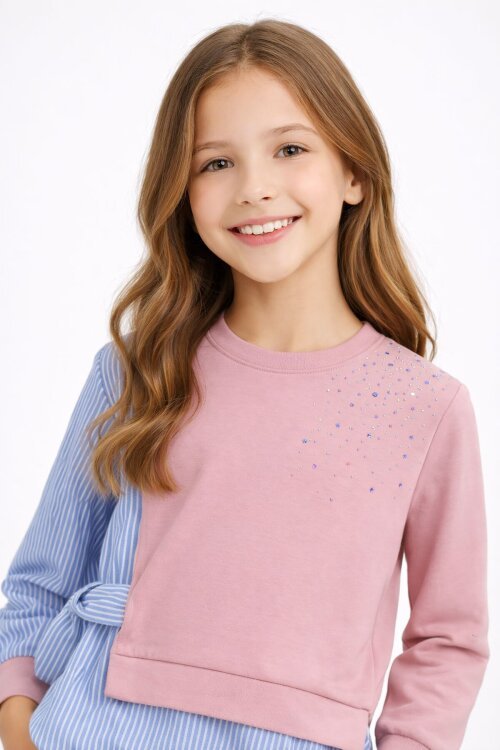 Gül Kurusu Çizgi Desenli Taş Detaylı Bluzlu Kız Çocuk Kuşaklı Pantolonlu 2li Takım 23747