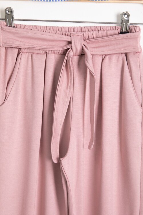 Gül Kurusu Çizgi Desenli Taş Detaylı Bluzlu Kız Çocuk Kuşaklı Pantolonlu 2li Takım 23747