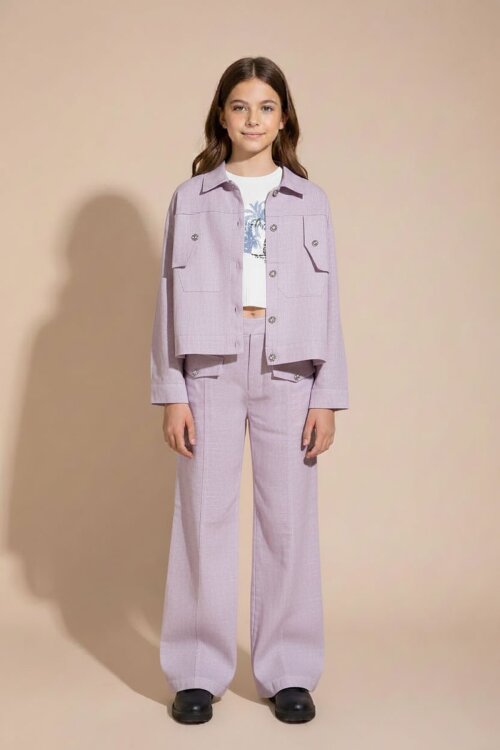 Gül Kurusu Düğme Detaylı Keten Gömlekli Pantolonlu Kız Çocuk 3lü Takım 23497