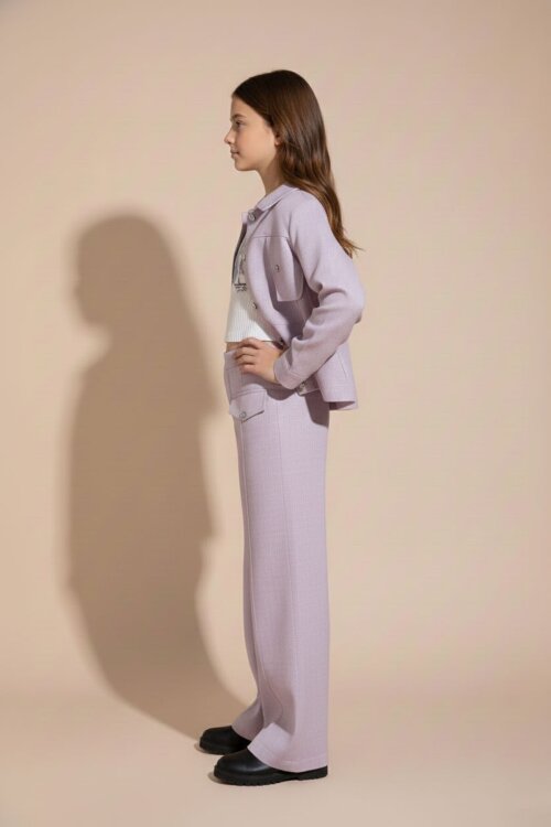 Gül Kurusu Düğme Detaylı Keten Gömlekli Pantolonlu Kız Çocuk 3lü Takım 23497