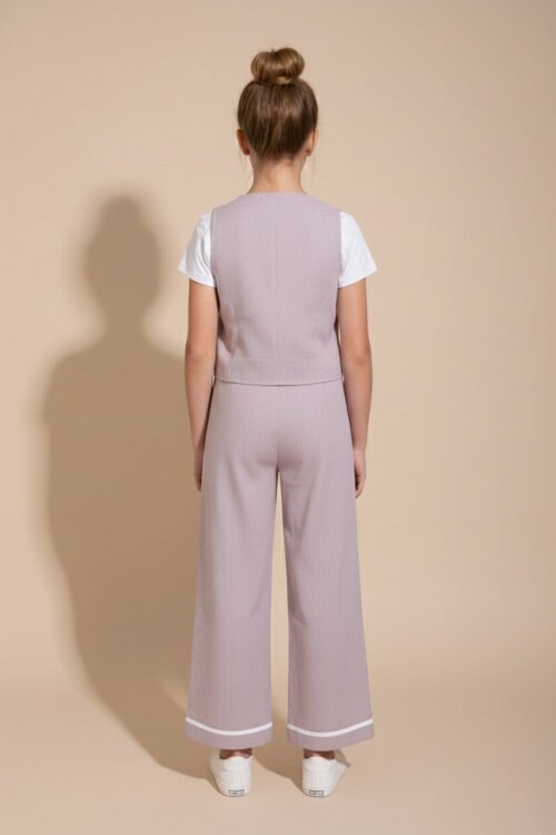 Gül Kurusu Düğmeli Keten Yelekli Geniş Paça Pantolonlu Kız Çocuk Takım 23491