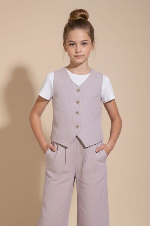 Gül Kurusu Düğmeli Keten Yelekli Geniş Paça Pantolonlu Kız Çocuk Takım 23491