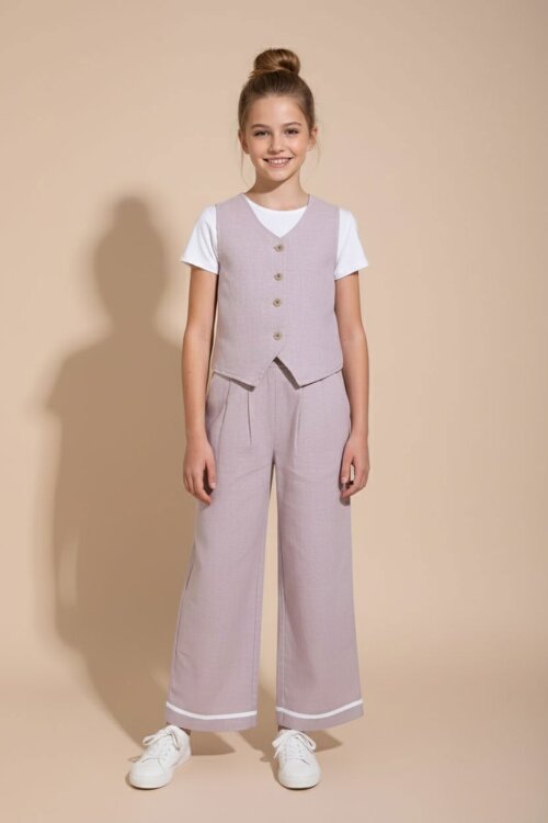 Gül Kurusu Düğmeli Keten Yelekli Geniş Paça Pantolonlu Kız Çocuk Takım 23491