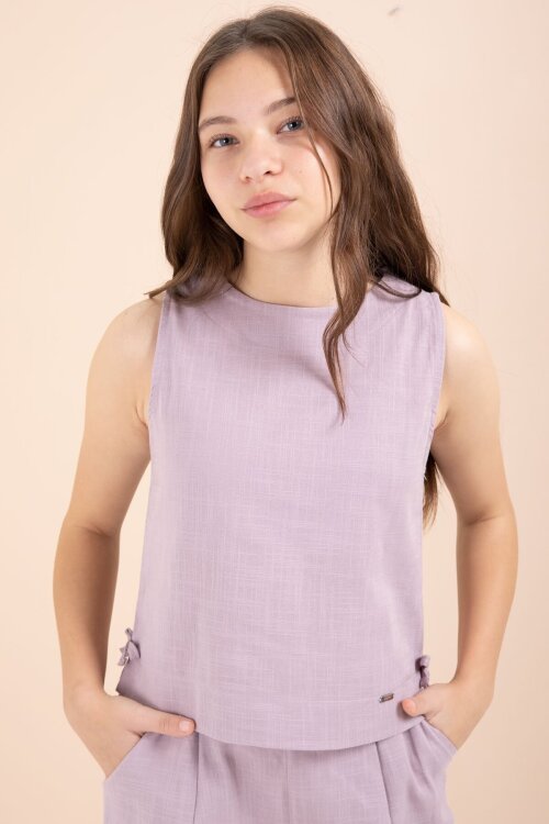 Gül Kurusu Geniş Paça Pantolonlu Kız Çocuk Keten Croplu Takım 23451