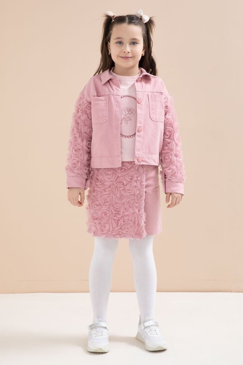 Gül Kurusu Gül Detaylı Şort Etekli ve Ceketli Kız Çocuk 3lü Badili Takım 23612