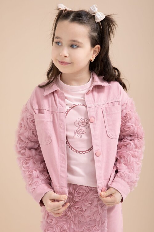 Gül Kurusu Gül Detaylı Şort Etekli ve Ceketli Kız Çocuk 3lü Badili Takım 23612