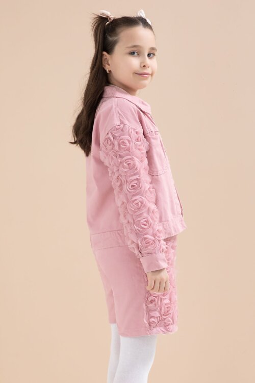 Gül Kurusu Gül Detaylı Şort Etekli ve Ceketli Kız Çocuk 3lü Badili Takım 23612