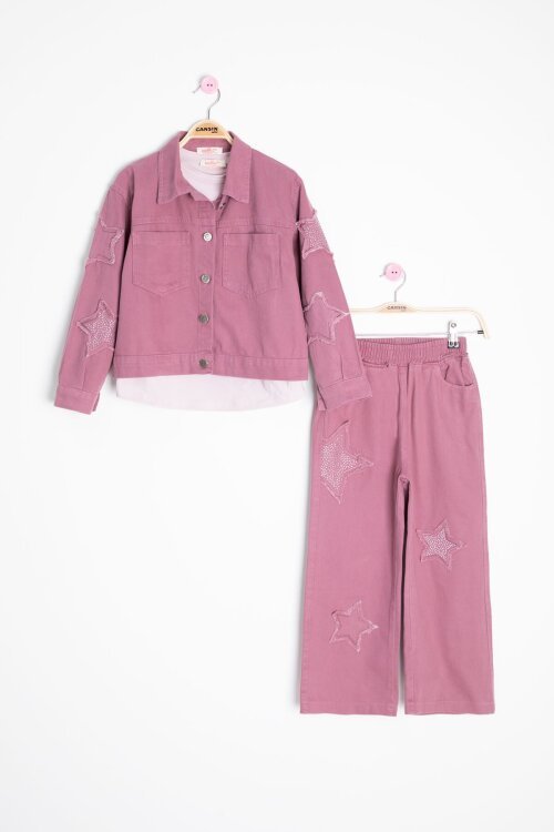 Gül Kurusu Kolları Star Taşlı Jean Ceketli Kız Çocuk 3lü Alt Üst Takım 23428
