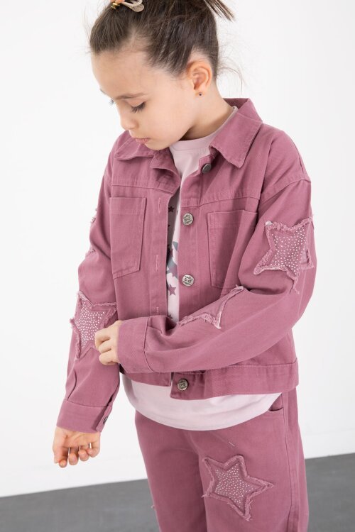 Gül Kurusu Kolları Star Taşlı Jean Ceketli Kız Çocuk 3lü Alt Üst Takım 23428