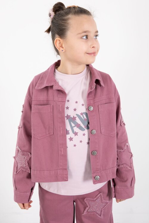 Gül Kurusu Kolları Star Taşlı Jean Ceketli Kız Çocuk 3lü Alt Üst Takım 23428