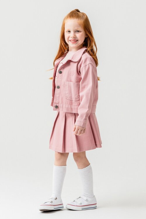 Gül Kurusu Papatya Nakışlı Ceketli Kız Çocuk Jean Ceketli 3lü Takım 23434