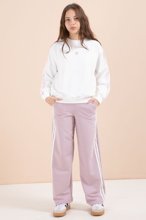 Gül Kurusu Şerit Detaylı Geniş Paça Nakışlı Kız Oversize Eşofman Takımı 23458