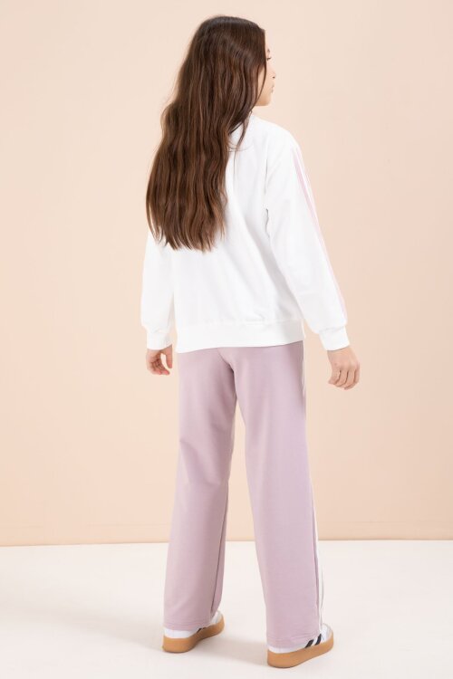 Gül Kurusu Şerit Detaylı Geniş Paça Nakışlı Kız Oversize Eşofman Takımı 23458