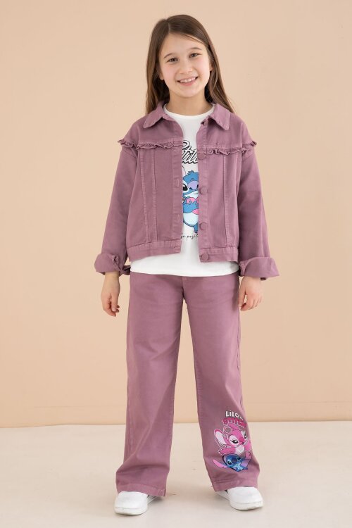 Gül Kurusu Sevimli Karakter Baskılı Ceketli ve Pantolonlu 3lü Kız Çocuk Takım 23587