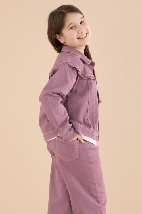 Gül Kurusu Sevimli Karakter Baskılı Ceketli ve Pantolonlu 3lü Kız Çocuk Takım 23587