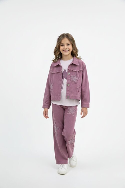 Gül Kurusu Taşlı Yıldız Nakışlı Jean Ceketli 3lü Pantolonlu Kız Takım 23439