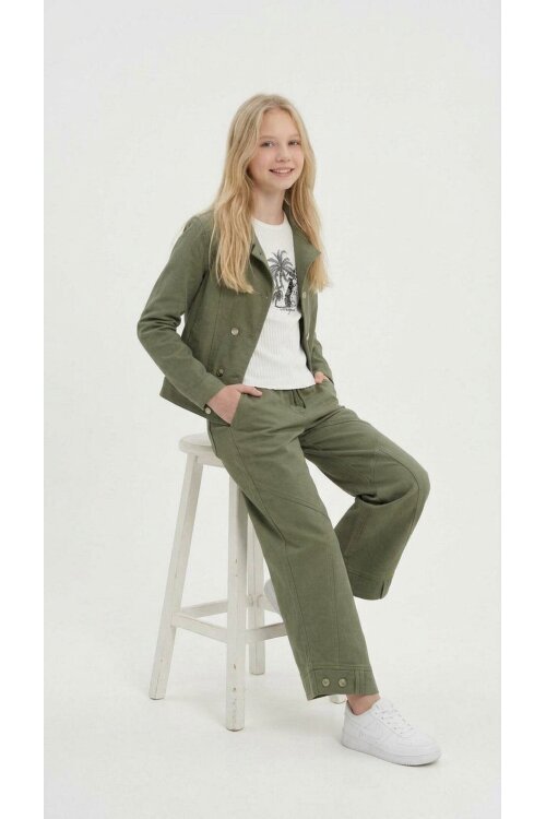 Haki Çift Düğme Detay Gömlekli Pantolonlu Kız Çocuk Gabardin Takım 23754