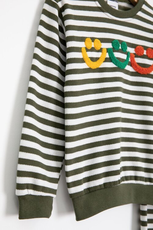 Haki Erkek Çocuk Gülenyüz Nakışlı Çizgili Şardonlu Takım 23321